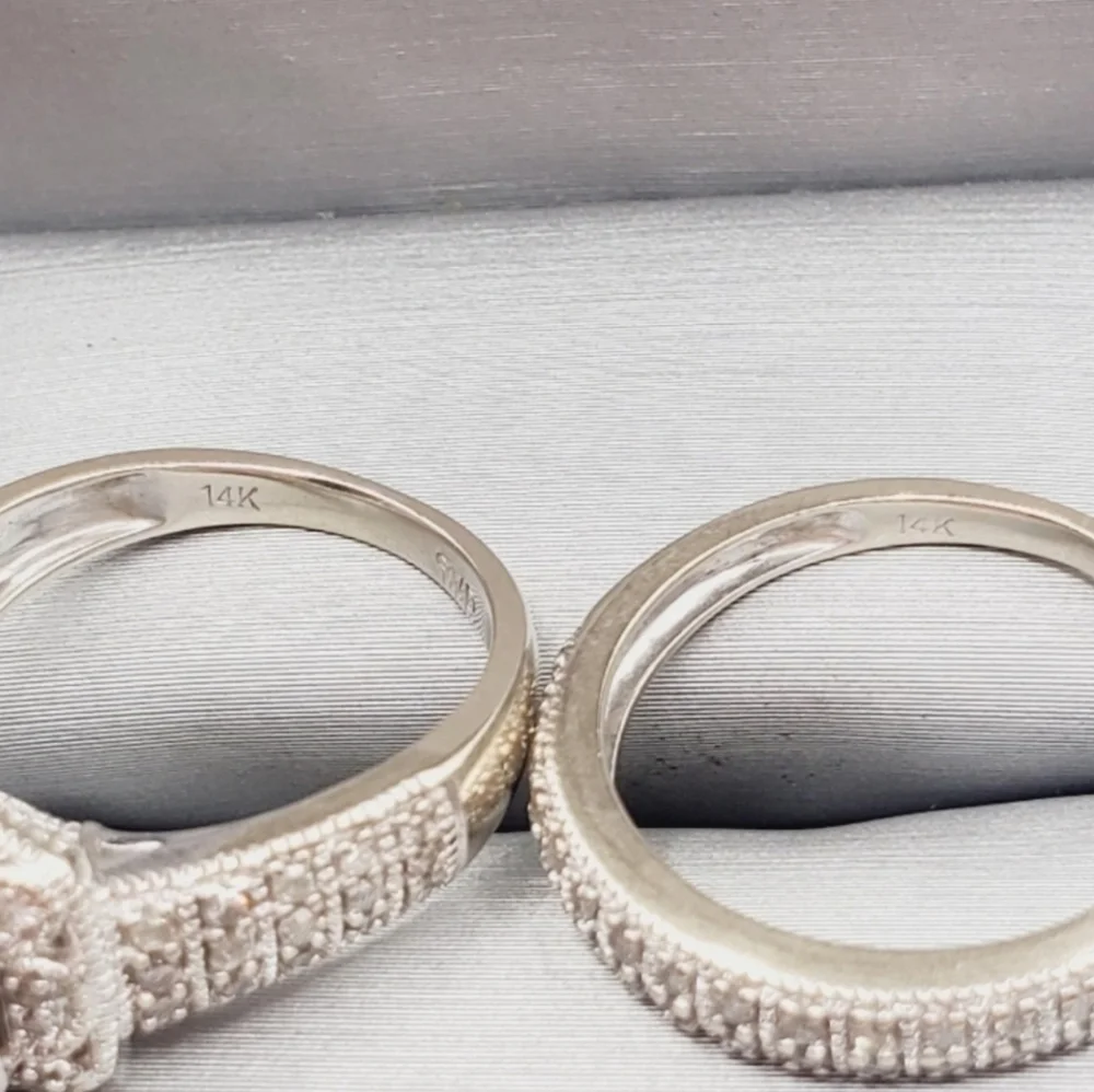 14k White Gold Diamond Engagement Ring & Wedding Band Bridal Set